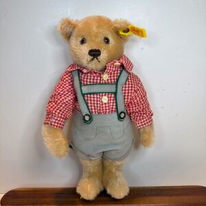 Vintage STEIFF Mohair Teddy Bear Lederhosen 11” Blonde 1980s Germany